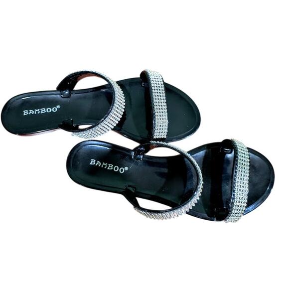 Bamboo Sandals with Sparkly Straps, Black, Silver, Size 8 - Picture 2 of 7